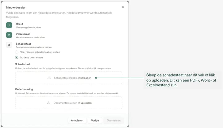 Stap 3 van een nieuw dossier: een bestaande schadestaat overnemen.