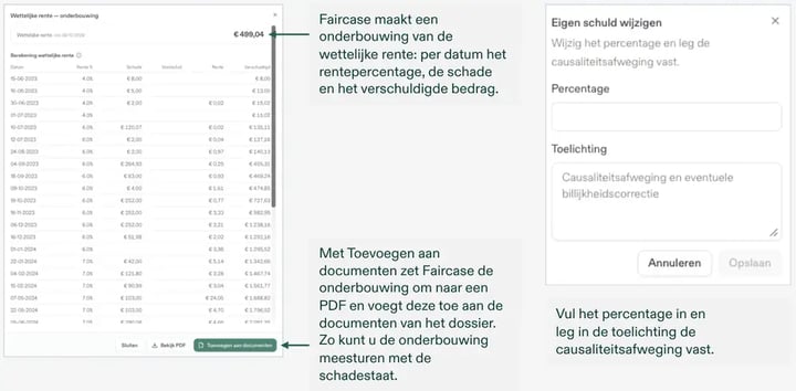 Links de onderbouwing van de wettelijke rente, rechts het venster Eigen schuld wijzigen.