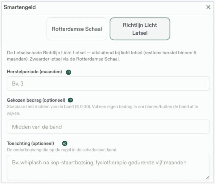 De Richtlijn Licht Letsel: herstelperiode (01), gekozen bedrag (02) en toelichting (03).