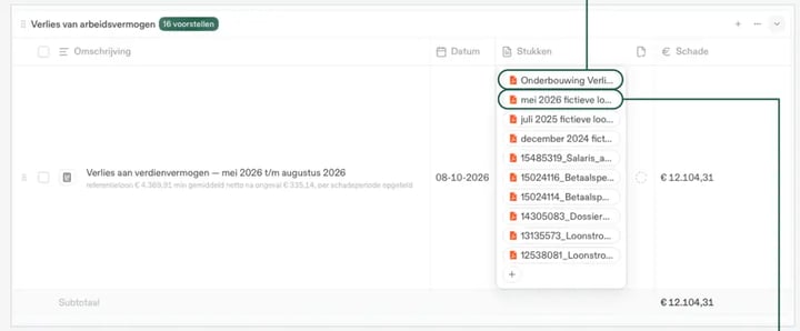 De stukken bij Verlies van arbeidsvermogen, met de onderbouwing en de fictieve loonstroken.