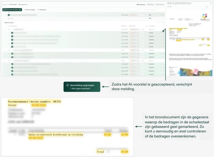 Na een klik op een stuk opent het brondocument naast de schadestaat. Overige gegevens zijn onherkenbaar gemaakt.