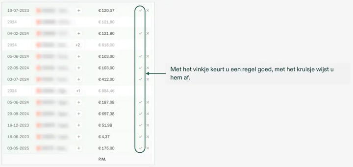 Regels in de schadestaat met het vinkje en het kruisje. Stukken zijn onherkenbaar gemaakt.