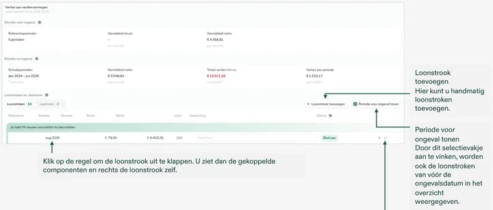 De rekenomgeving Verlies aan verdienvermogen met de situatie vóór en na het ongeval.