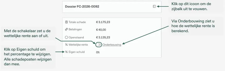 De zijbalk van een dossier, met wettelijke rente en eigen schuld.